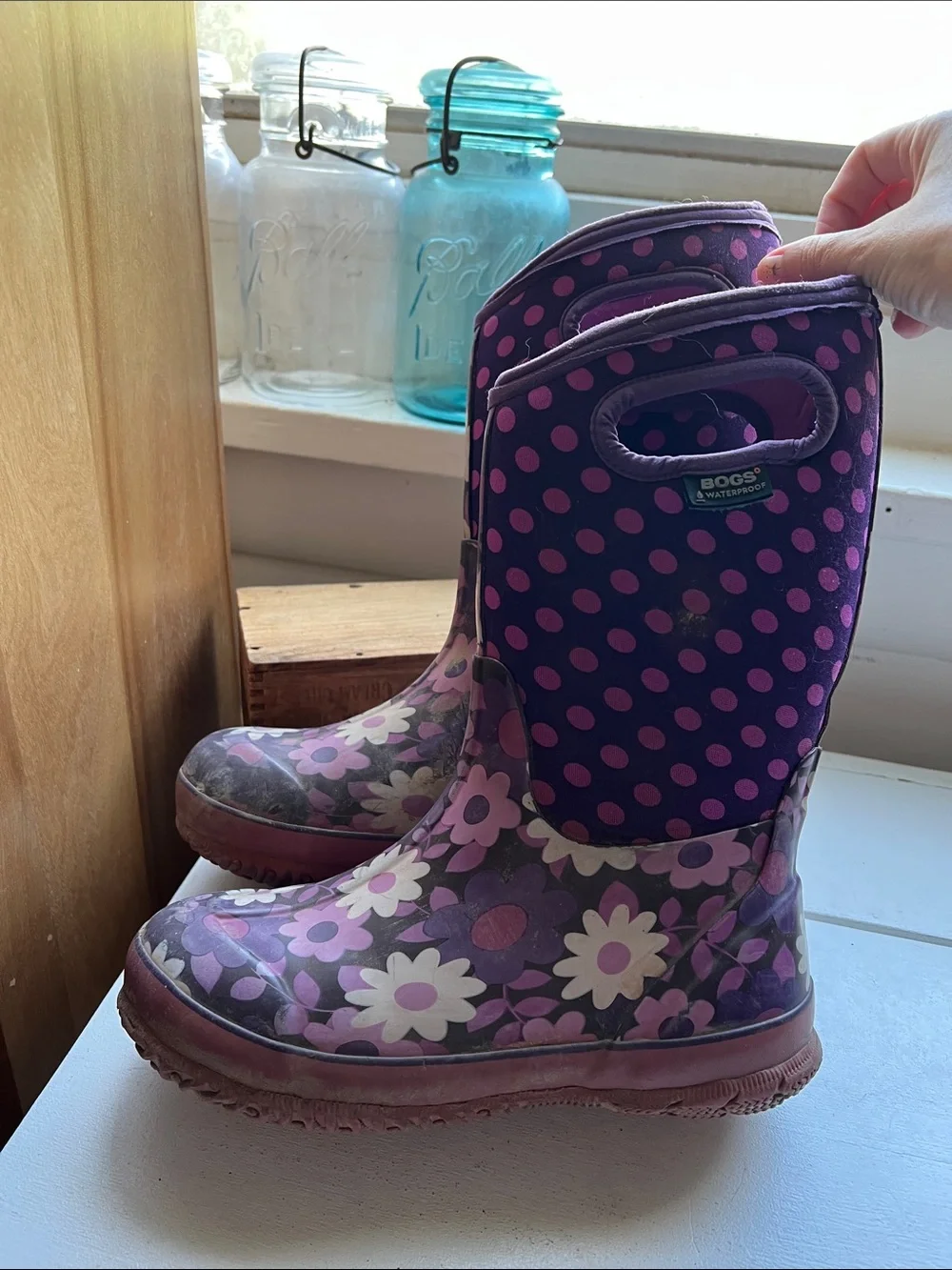 Bogs Kids Purple Pink Floral Polka Dot Winter Rain Boots rated -30 youth size 4